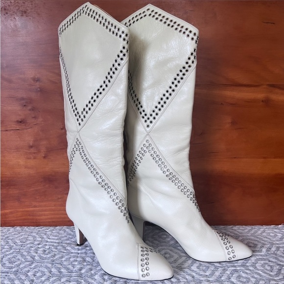 ISABEL MARANT “Lahia” White Eyelet Leather Calf High Heeled Boots Size 7 - Picture 3 of 11
